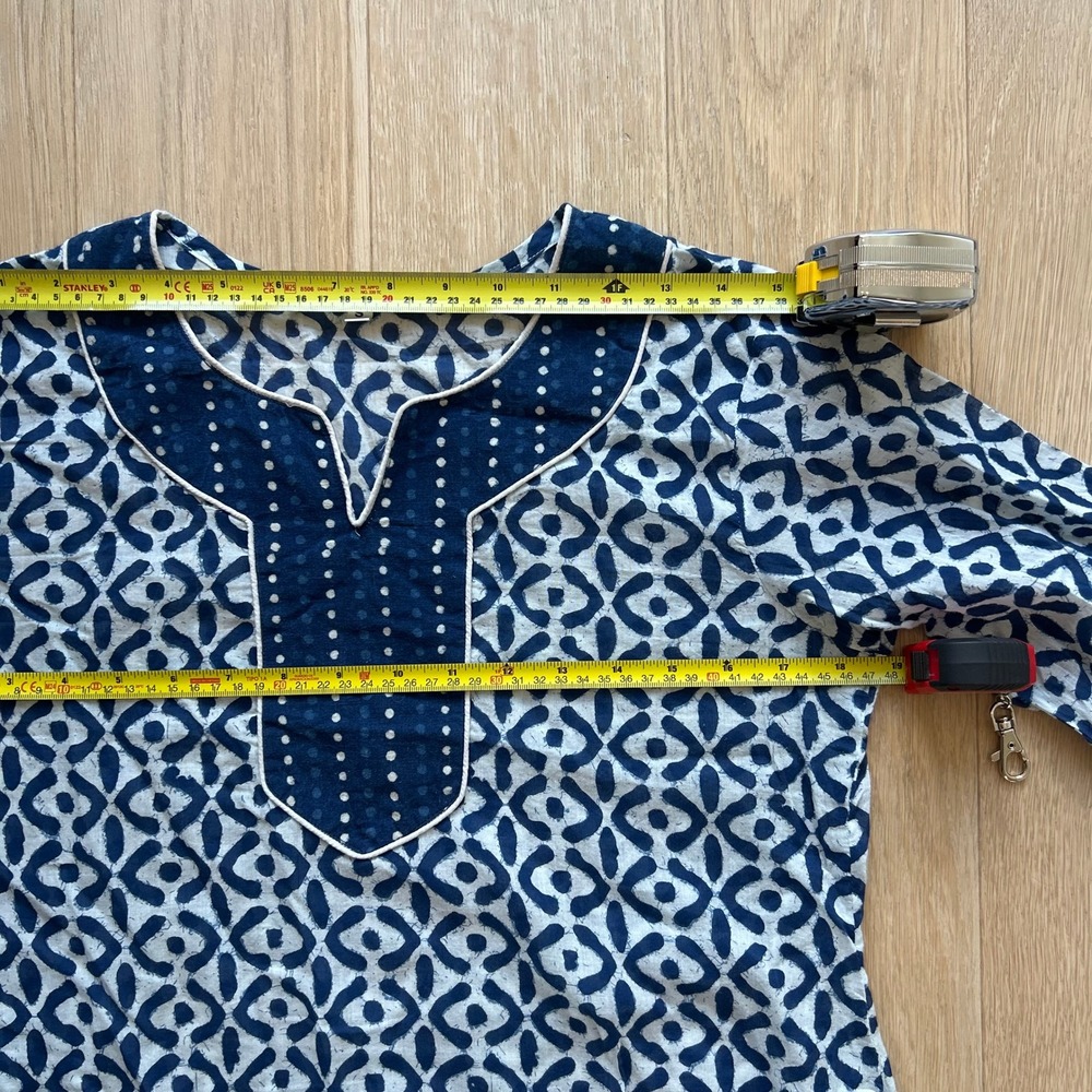 Indigo Block Print Dress Midi 5/6 Geometric 3/4 Sleeve Boho Resortwear Airy Boho - Picture 5 of 9